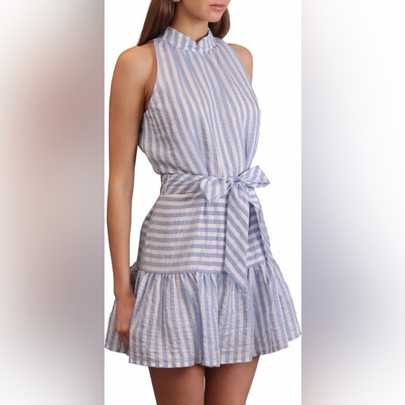 Avec Les Filles Dresses & Skirts - NWT Avec Les Filles Blue & White Striped High-Neck Ruffle Hem Mini Dress Size 12